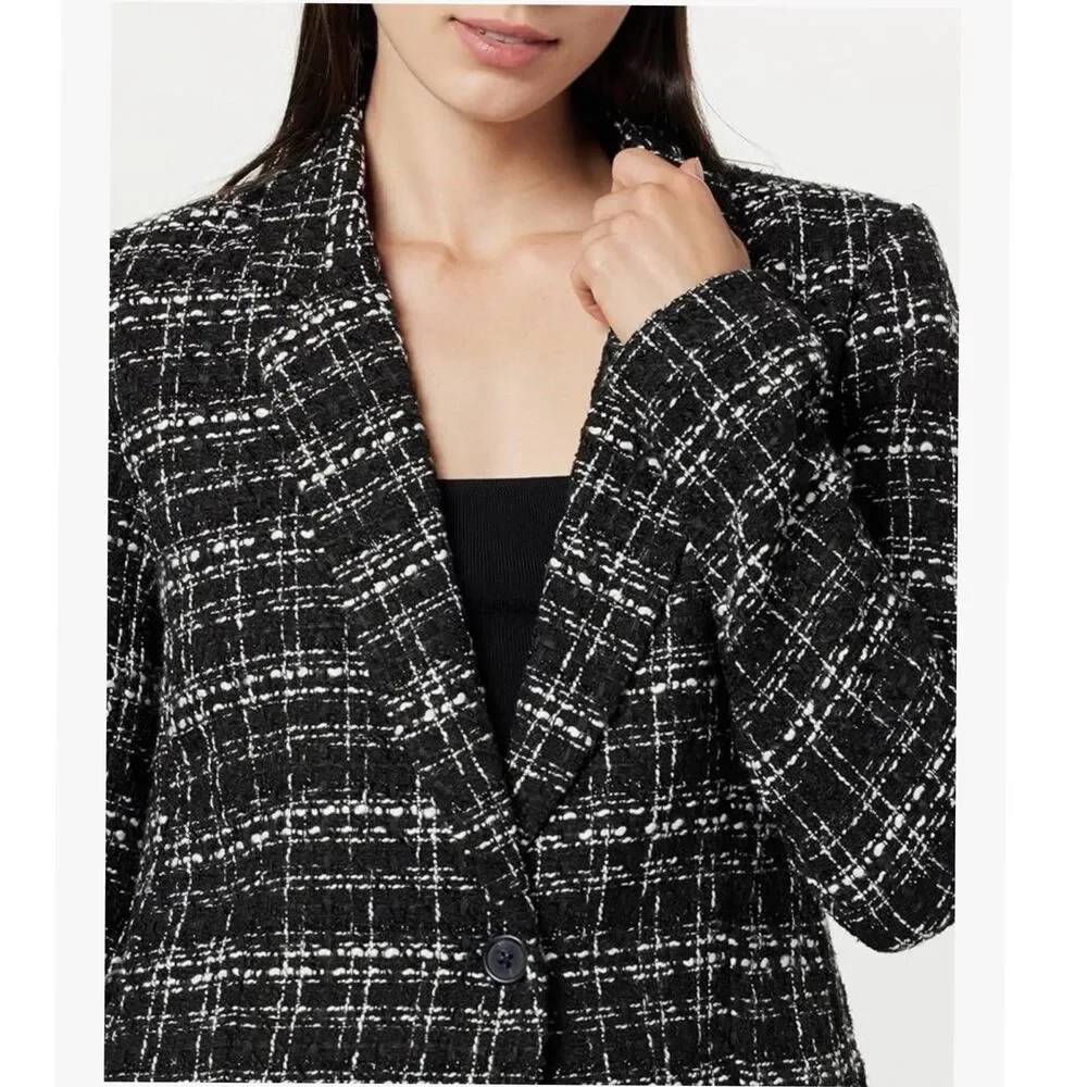 The Drop Blazer Womens Size XS Blake Long Plaid Single Breasted Black Boucle
